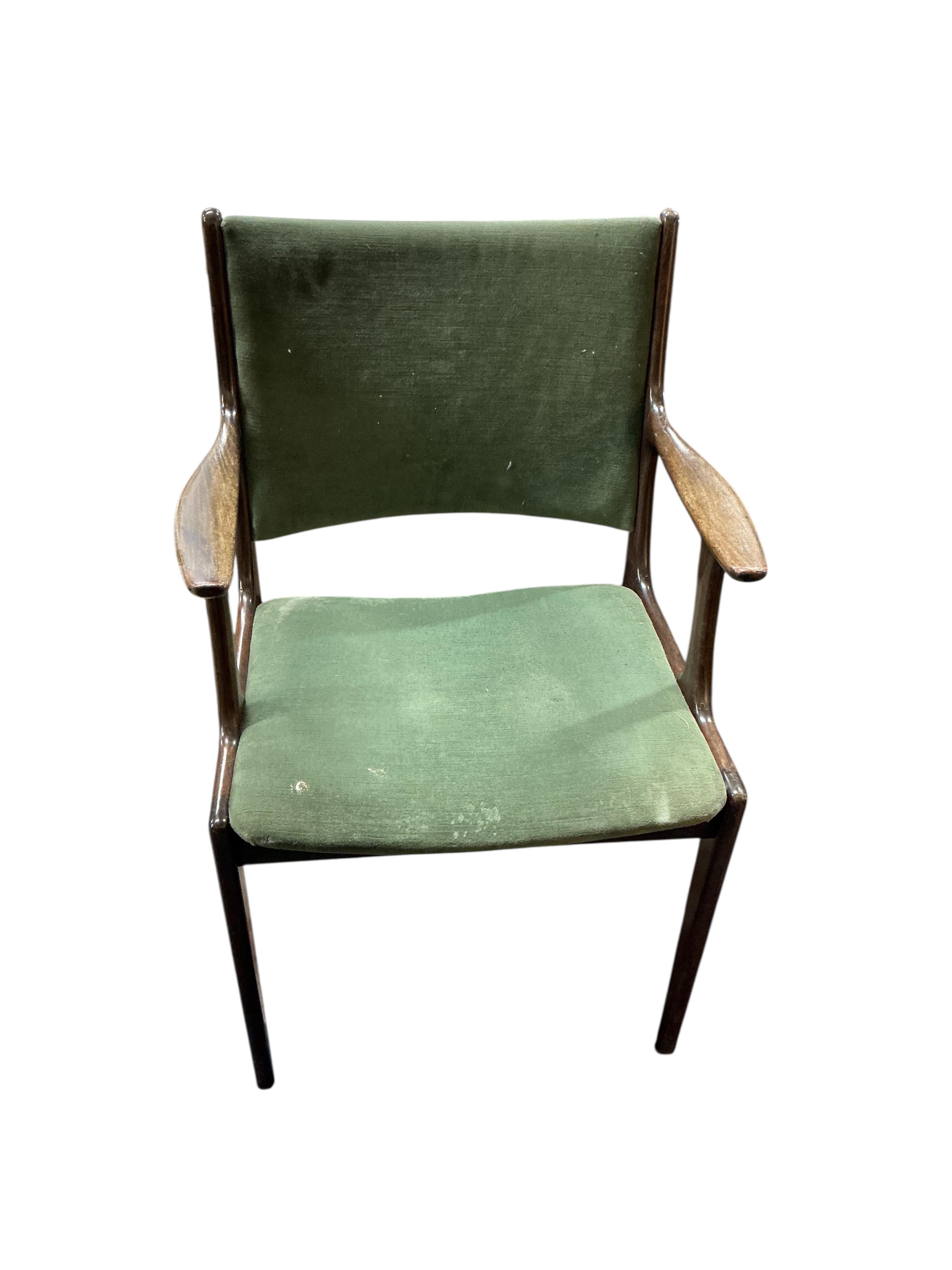 A pair of mid century teak armchairs, width 52cm, depth 45cm, height 82cm